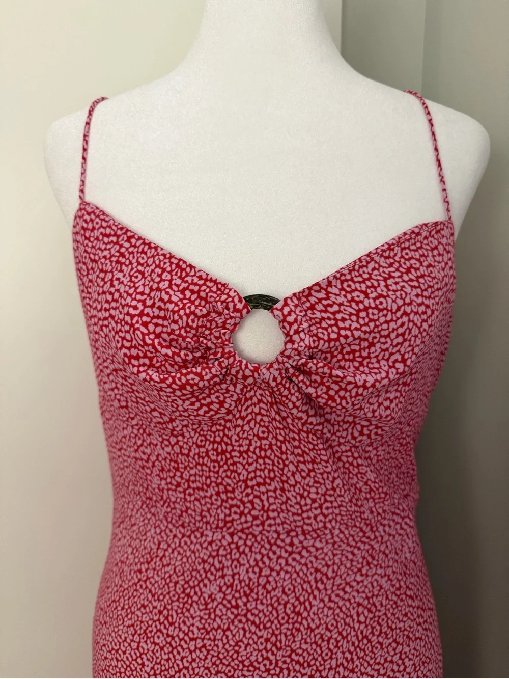 Zara Pink and Red Leopard Print Maxi Summer Dress with Wooden Ring Details - Picture 3 of 8